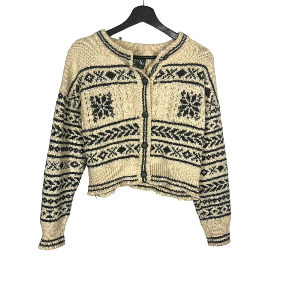 American Eagle Tan Blue Nordic Pattern Short Waist Button Up Cardigan Medium